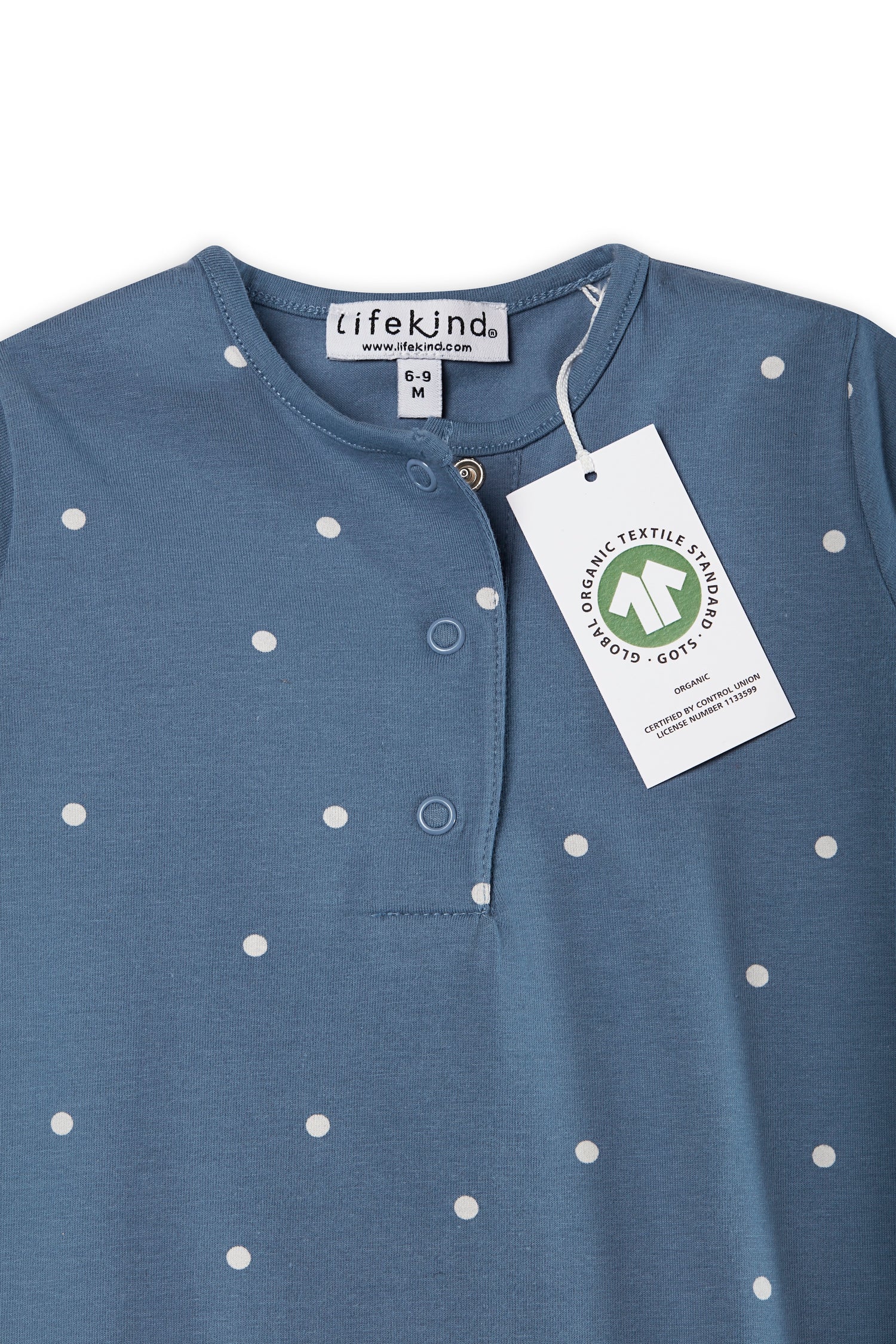 Certified organic cotton baby clothing, blue with white polka dots