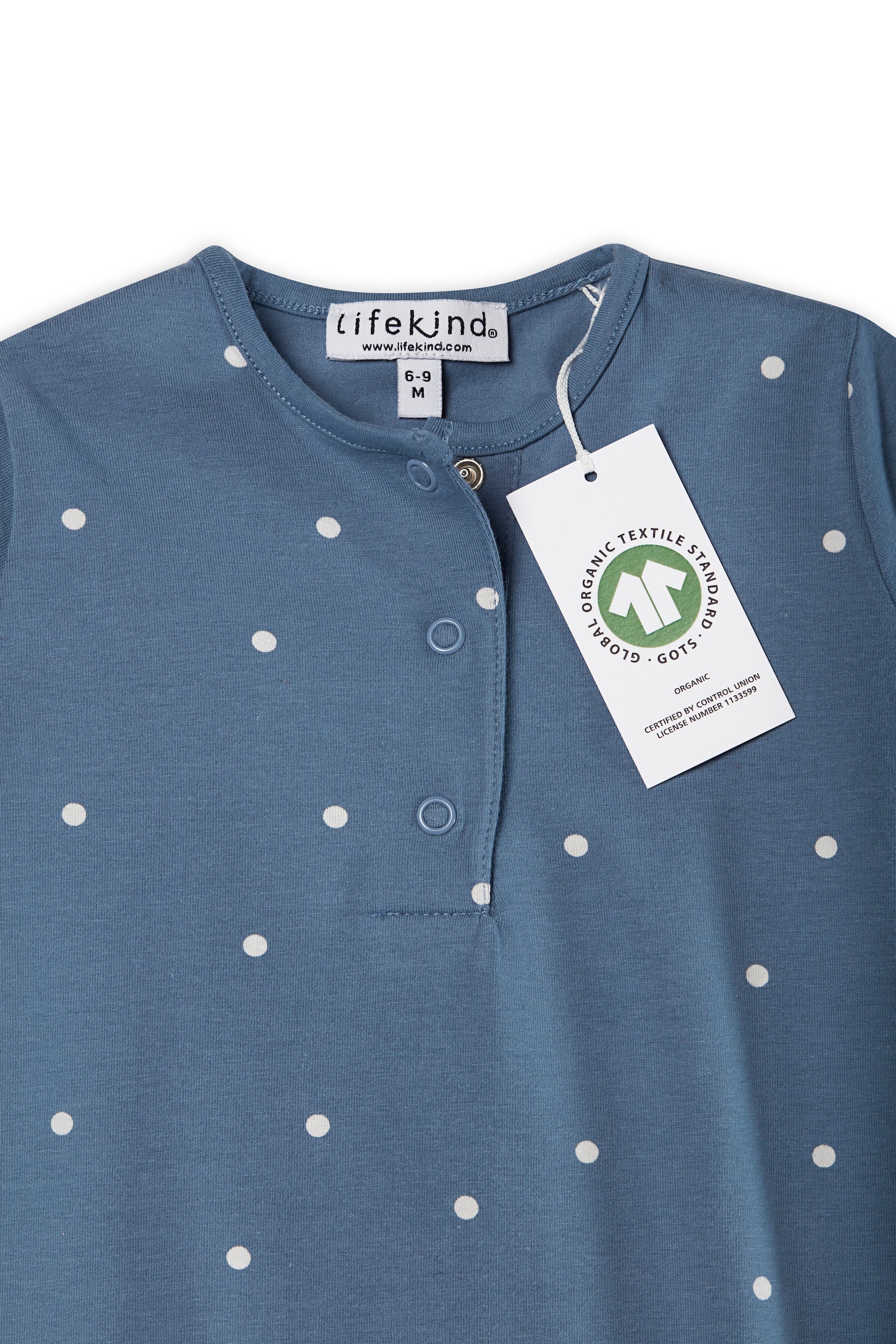 Certified organic cotton baby clothing, blue with white polka dots