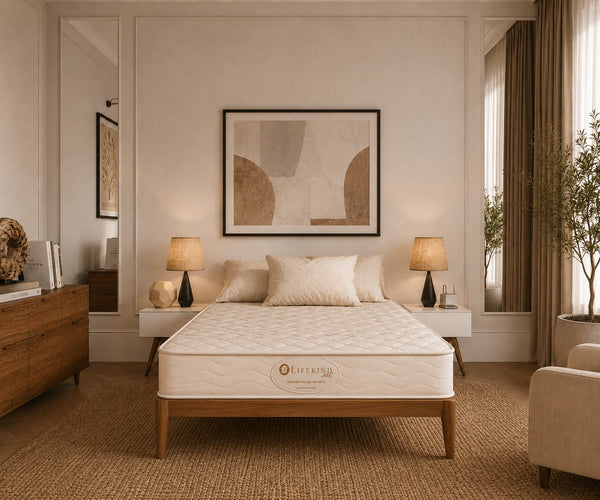 Bedroom with an organic mattress by Lifekind on a bed, framed art on the wall, and decorative elements.