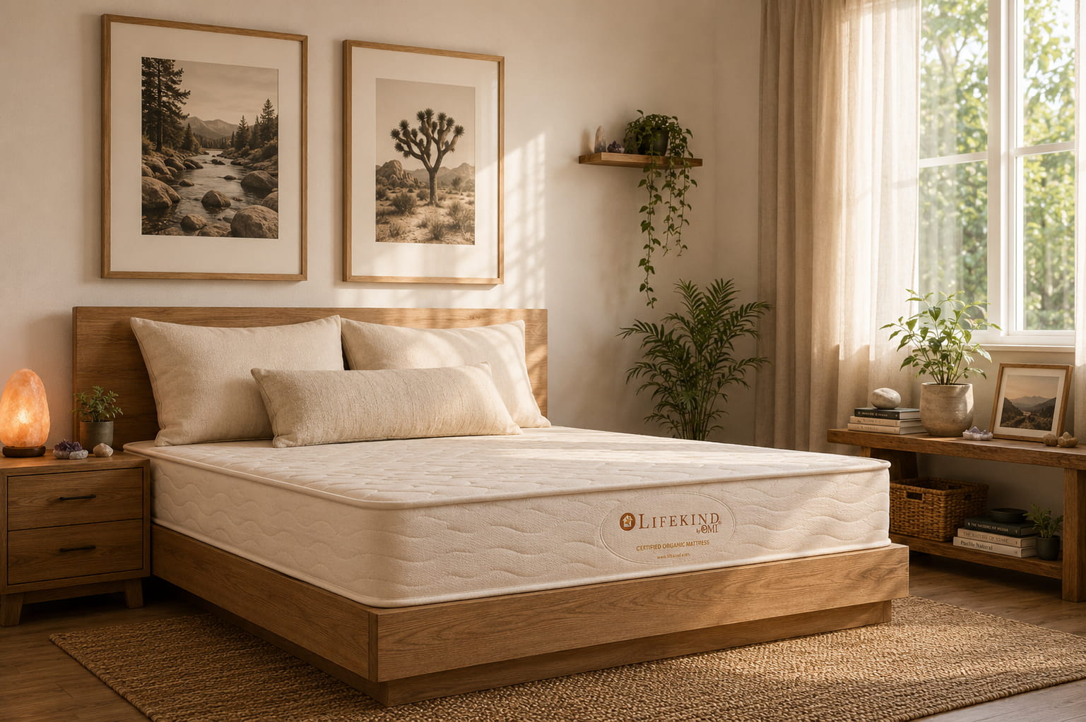 Bedroom with an organic mattress by Lifekind on a bed, framed pictures on the wall, and plants.