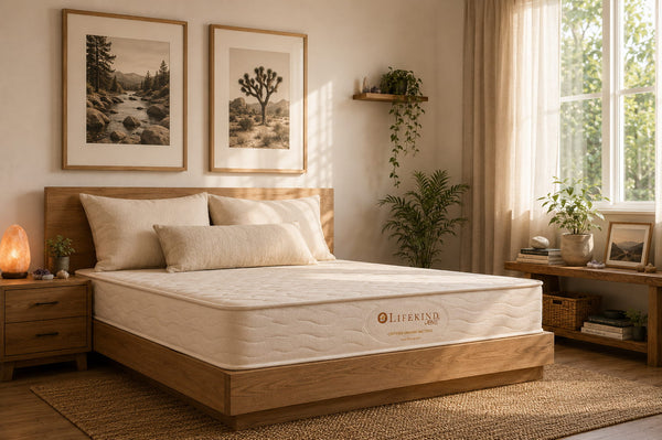 Bedroom with an organic mattress by Lifekind on a bed, framed pictures on the wall, and plants.