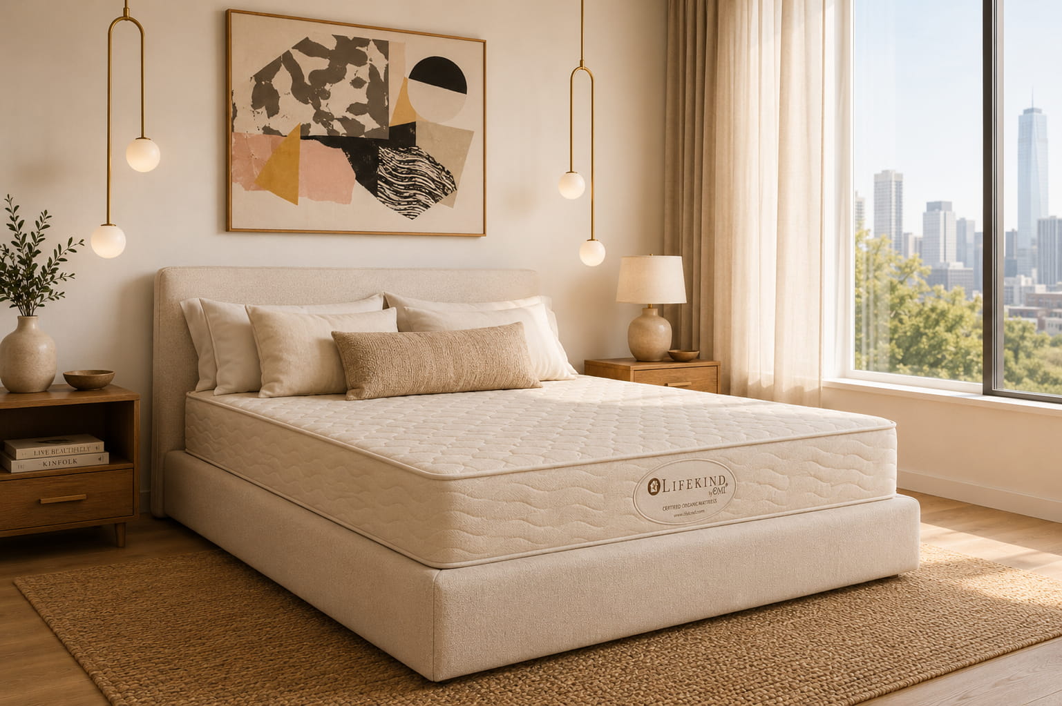 Beige organic mattress by Lifekind on a bed in a stylish bedroom with city view