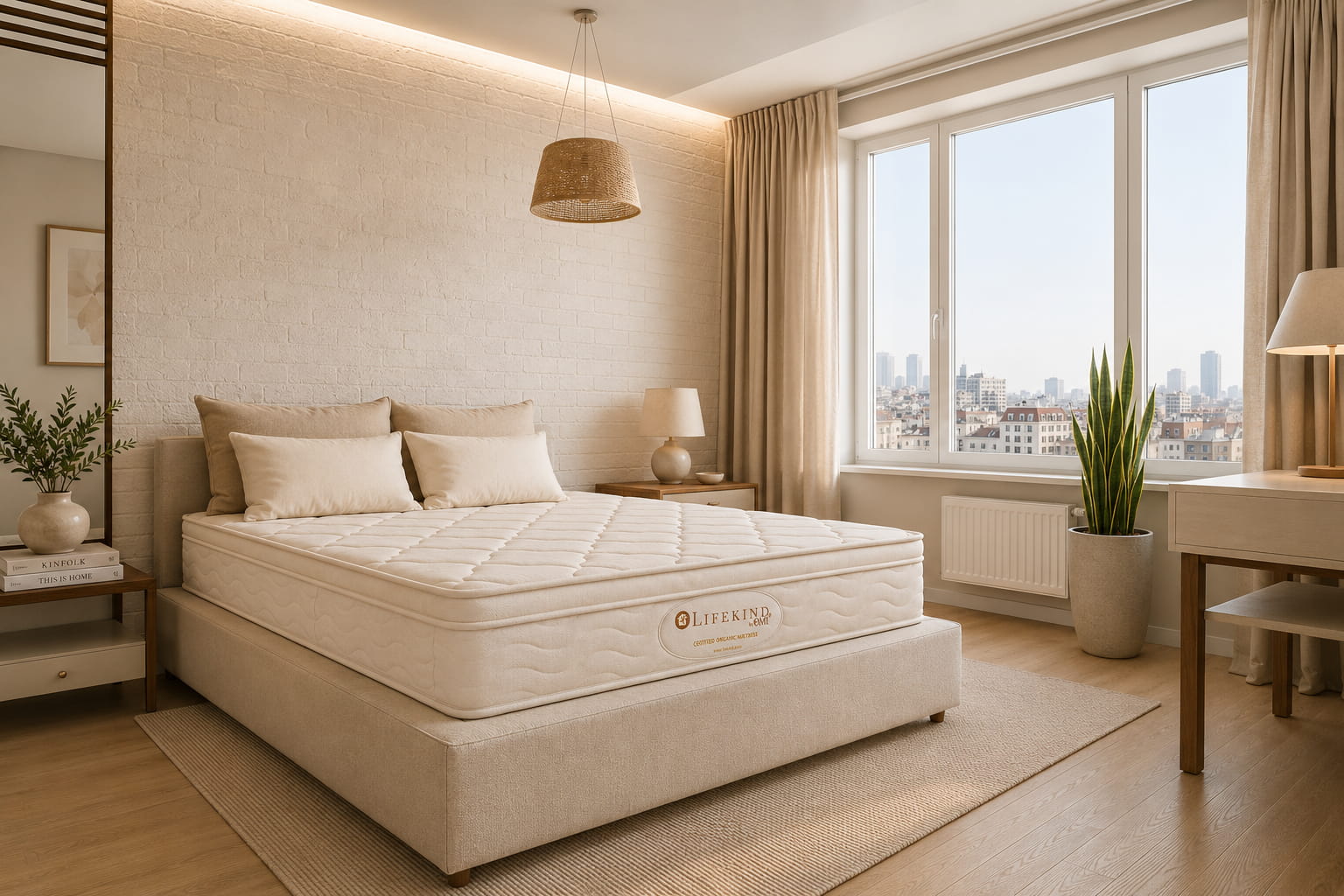 Beige organic latex mattress by Lifekind on a bed in a modern bedroom with large windows and decor.