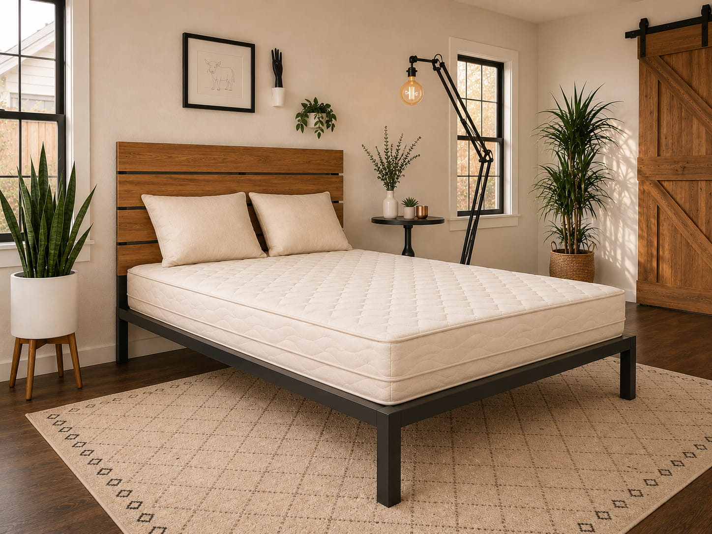 Bedroom with a bed featuring a wooden headboard and organic latex mattress, surrounded by decorative plants and a lamp.