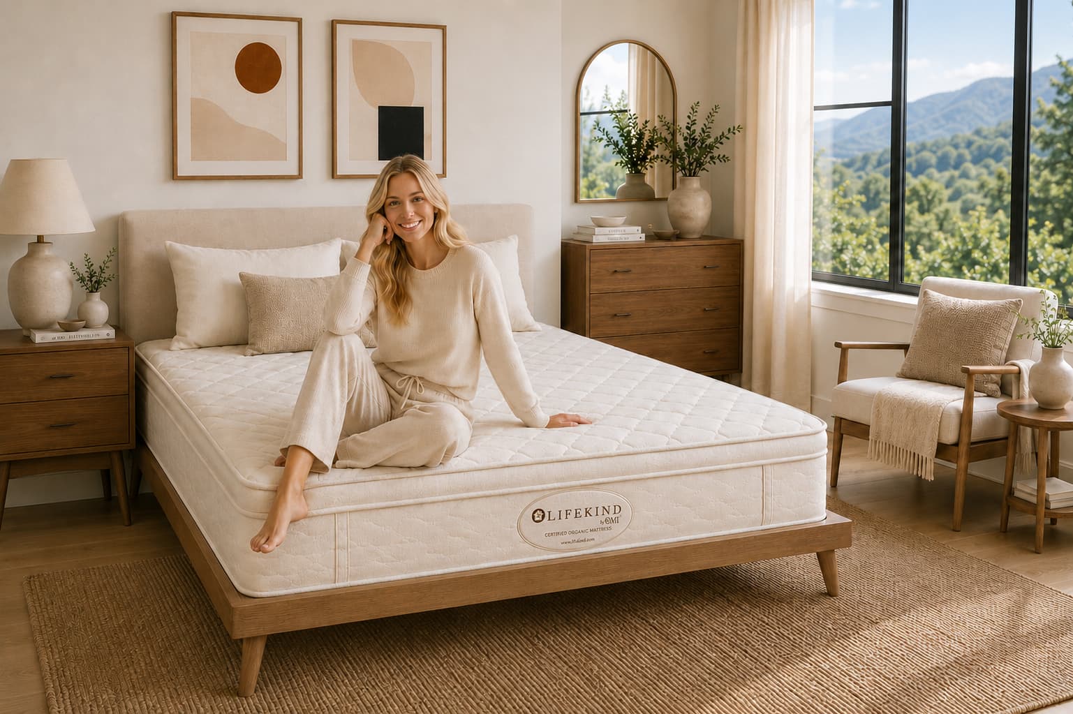 Woman sitting on a bed with a visible Lifekind organic mattress brand logo in a bedroom setting.