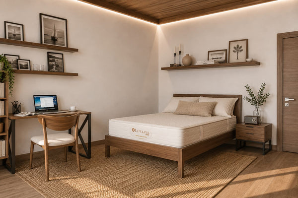 Modern bedroom with wooden bed featuring an organic mattress by Lifekind, desk, and shelves.