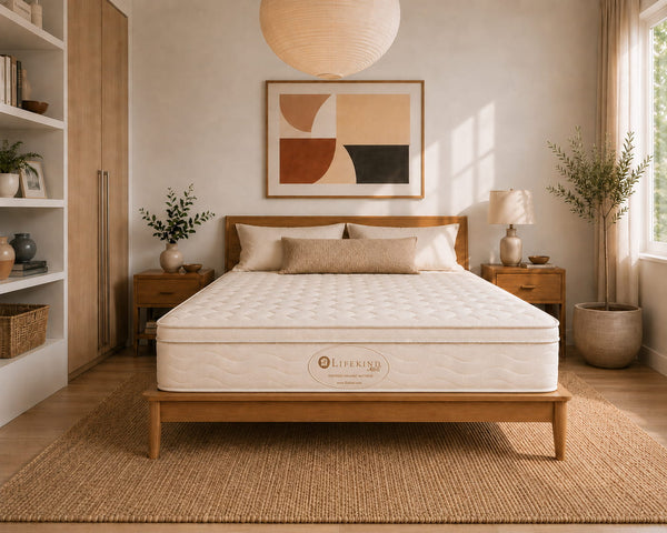 Bedroom with an organic latex mattress by Lifekind, wooden wardrobe, and decorative elements.