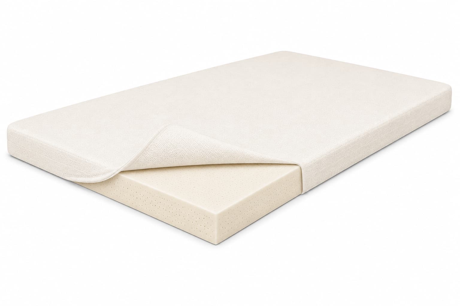 Beige organic latex mattress topper by Lifekind on a white background.