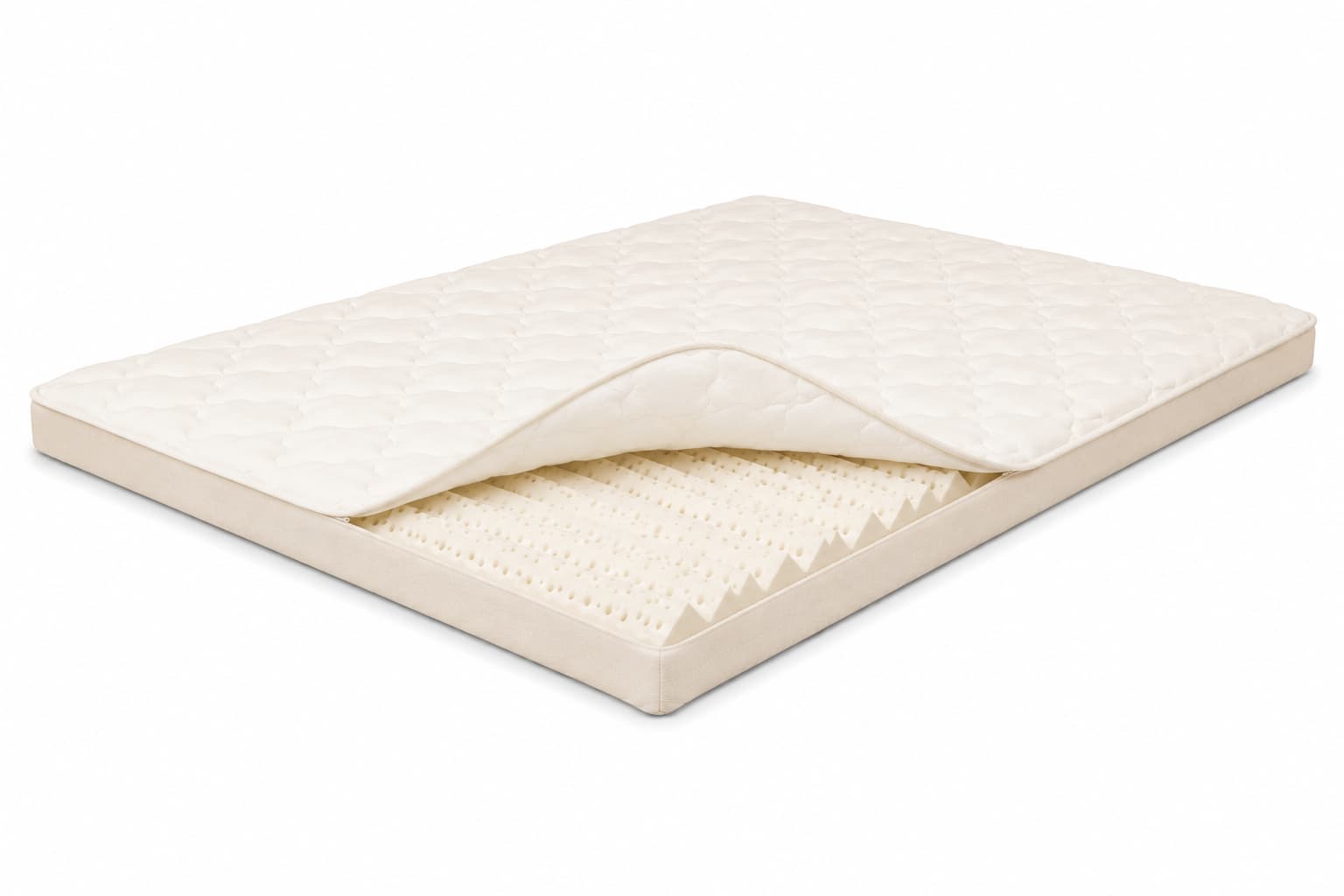 Mattress topper featuring a sculpted sleeping surface on a white background. Made from organic latex by Lifekind